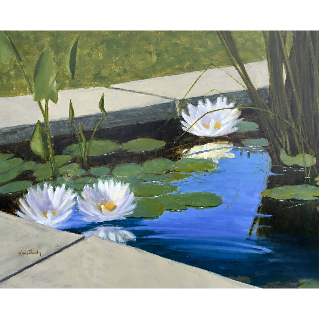 Oil painting of waterlilies in a pond by Kathy Chumley at Cottage Curator art gallery Sperryville VA