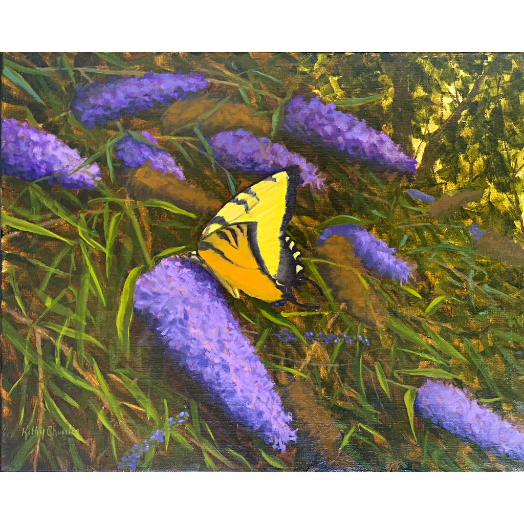 Painting of yellow swallowtail butterfly perched on purple flowers against a background of greenery, by Kathy Chumley at Cottage Curator - Sperryville VA Art Gallery