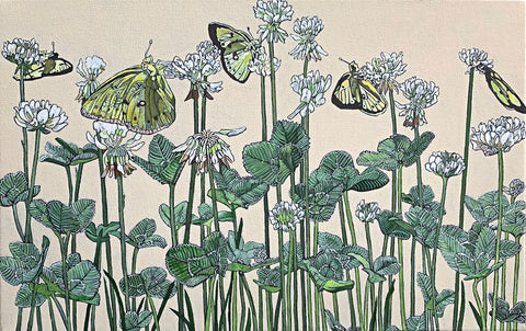 Painting of clouded supher butterflies on clover blossoms against a white background by Frances Coates - Cottage Curator - Sperryville VA Art Gallery