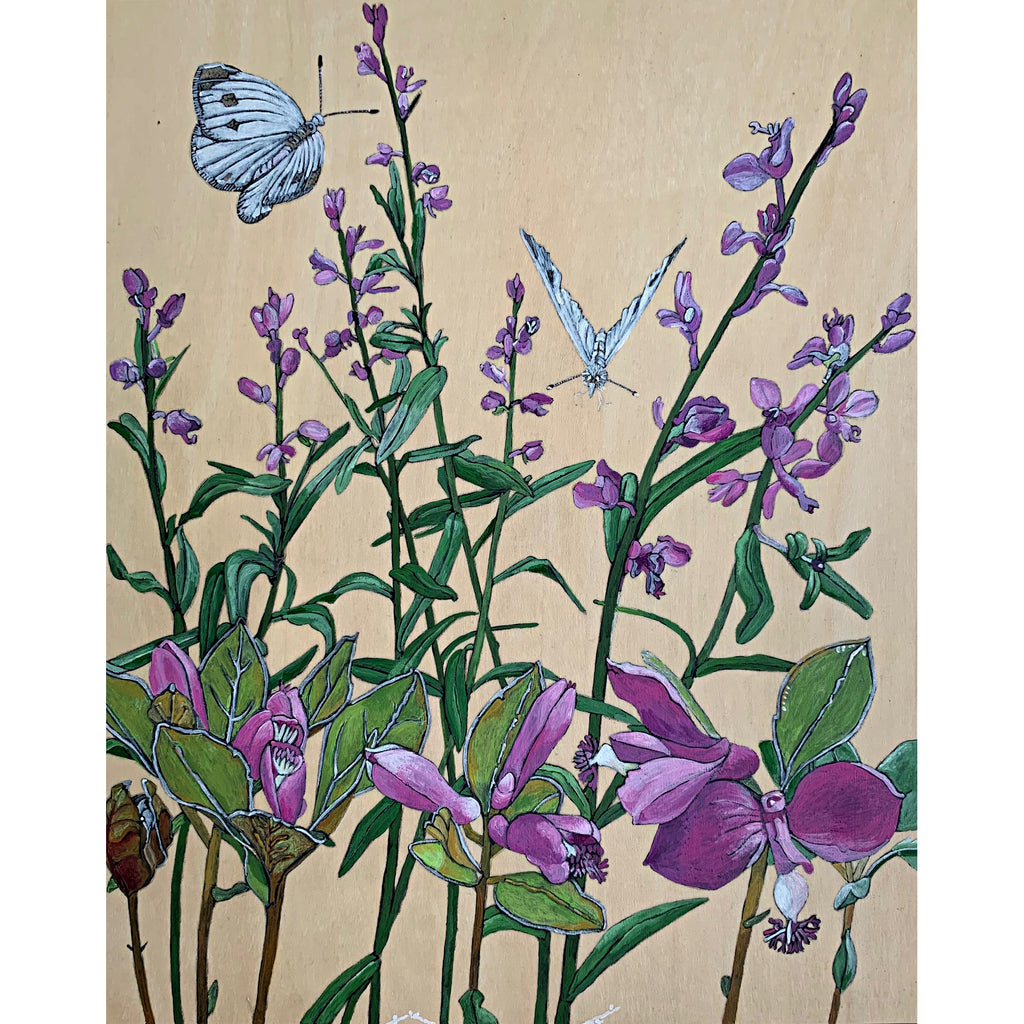 Acrylic painting on wood panel of Gaywings and Racemed Milkwort with Cabbage Whites by Frances Coates at Cottage Curator - Sperryville VA Art Gallery