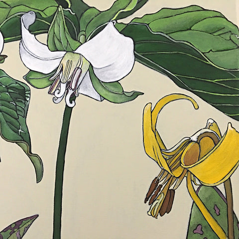 Painted family of white and yellow lilies on a cream background by Frances Coates