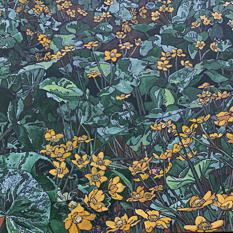 Detail of painting of marsh marigolds (yellow and green) by Frances Coates - Cottage Curator - Sperryville VA Art Gallery
