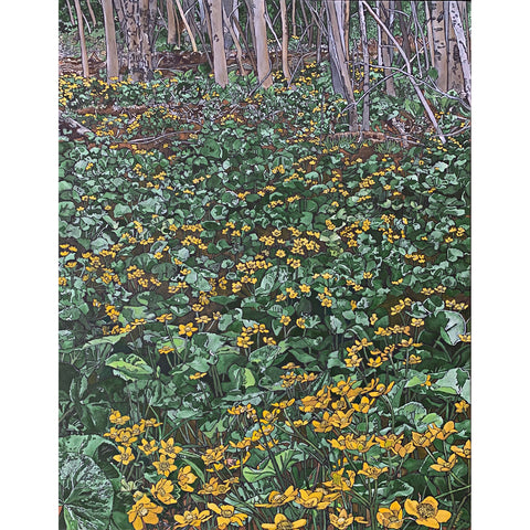 Vertical painting of marsh marigolds (yellow and green) with gray/brown tree trunks in the upper background by Frances Coates - Cottage Curator - Sperryville VA Art Gallery