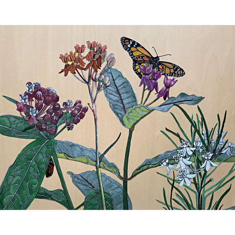 Acrylic painting on wood panel of Swamp, Few Flower, Purple and Whorled milkweed plants with monarch butterflies by France Coates at Cottage Curator - Sperryville VA Art Gallery