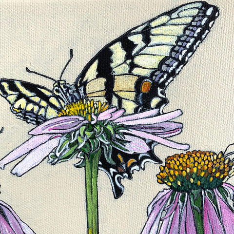 Detail of tiger swallowtail butterfly (yellow wings with orange and blue) perched on purple coneflowers against a white background in this painting on canvas by Frances Coates at Cottage Curator - Sperryville VA Art Gallery