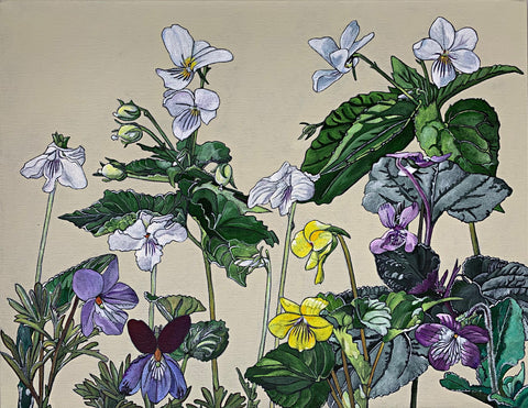 Painting of families of violet flowers in white, purple, pink and yellow against an ivory background by Frances Coates at Cottage Curator - Sperryville VA Art Gallery