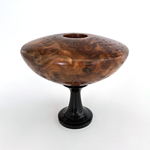 Turned wood vessel with round grained wood body and black pedestal base by L. Michael Fraser at Cottage Curator - Sperryville VA Art Gallery