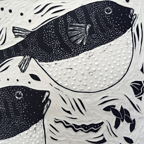 Detail of blow toads on exterior of black and white wedge shaped sgraffito vase by Susan Gromen at Cottage Curator - Sperryville VA Art Gallery
