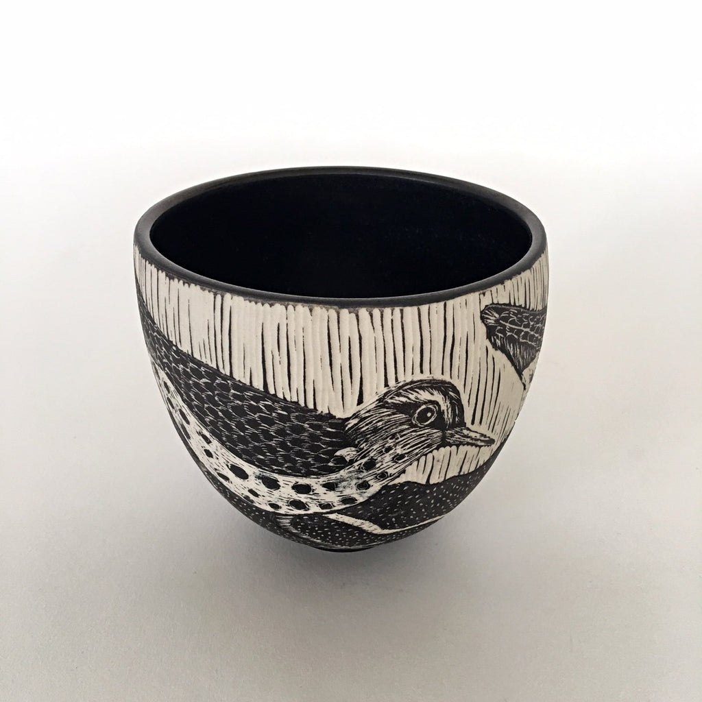 Black and white porcelain bowl with birds by Shirley Gromen at Cottage Curator art gallery - Sperryville VA