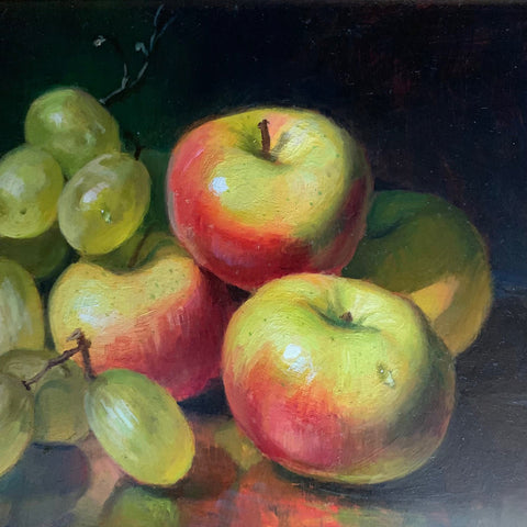Detail of still life painting of green grapes and lady apples on a reflective surface by Andrew Schuler Guerin at Cottage Curator - Sperryville VA Art Gallery