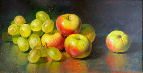 Still life painting of green grapes and lady apples on a reflective surface by Andrew Schuler Guerin at Cottage Curator - Sperryville VA Art Gallery