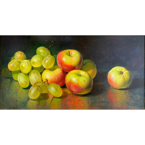 Still life painting of green grapes and lady apples on a reflective surface by Andrew Schuler Guerin at Cottage Curator - Sperryville VA Art Gallery