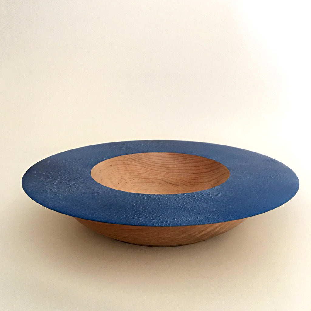 Shallow maple bowl with painted wide blue rim by Bob Silkensen at Cottage Curator - Sperryville VA