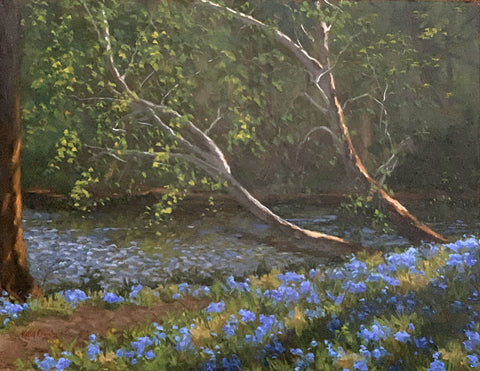 Landscape painting of bluebells and sycamores by Kathy Chumley at Cottage Curator art gallery - Sperryville VA