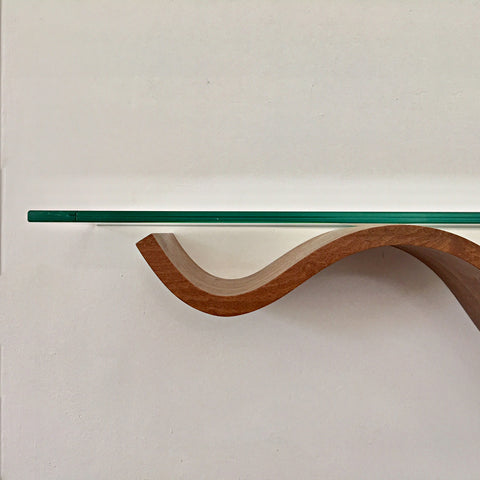 Sinuous curved wood shelf with flat glass top by Richard Judd at Cottage Curator - Sperryville VA Art Gallery