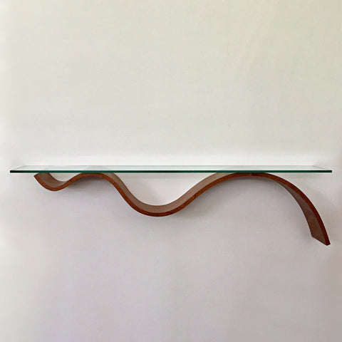 Sinuous curved wood shelf with flat glass top by Richard Judd at Cottage Curator - Sperryville VA Art Gallery