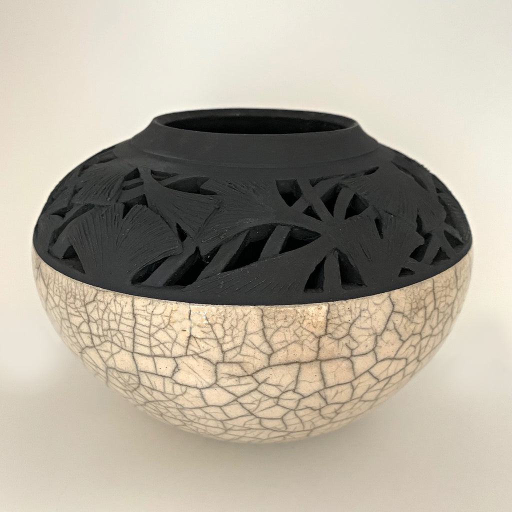 Ceramic vessel with white crackled lower and black carved upper section with ginkgo leaves by Akiko Koiso at Cottage Curator - Sperryville VA Art Gallery