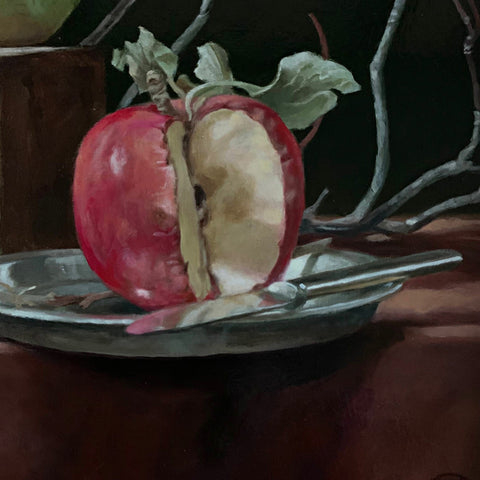 Detail of Still life painting of apples, with knife, pie plate, wild persimmon and branches on a red tablecloth against a dark background by Davette Leonard at Cottage Curator - Sperryville VA Art Gallery