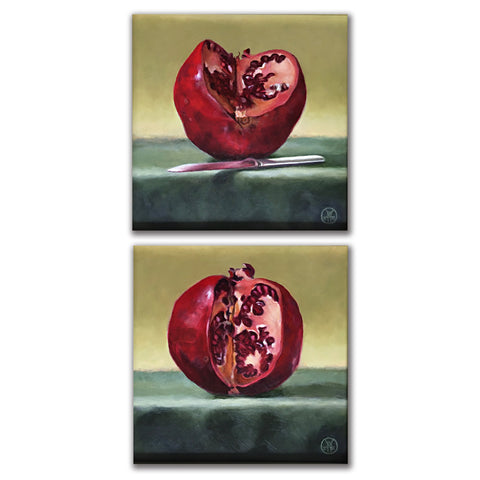 Vertical diptych of two pomegranates cut with a knife on a green table cloth by Davette Leonard at Cottage Curator art gallery Sperryville VA
