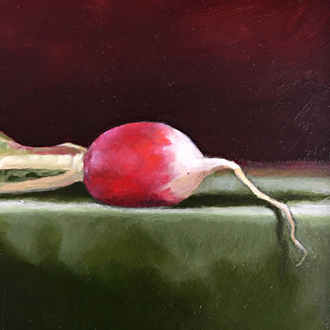Detail from painting of a red radish on a dark green tablecloth against a dark red background by Davette Leonard at Cottage Curator Sperryville VA Art Gallery