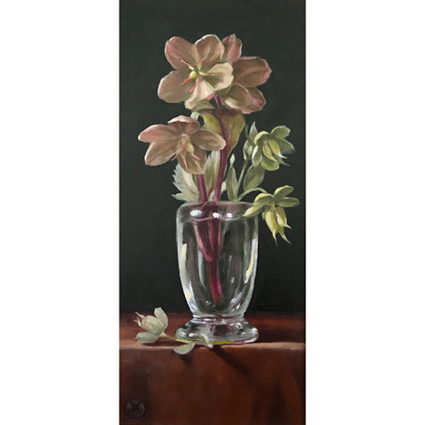 Painting of hellebores in a vase on a rust-colored table cloth against a black background by Davette Leonard at Cottage Curator - Sperryville VA Art Gallery