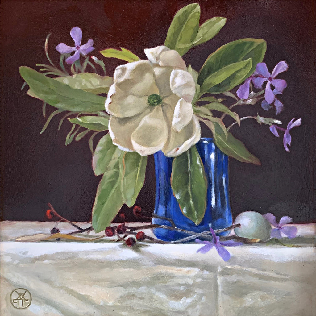 Still life painting of blue vase on white table cloth with sweetbay magnolia and purple phlox against a red background by Davette Leonard at Cottage Curator - Sperryville VA Art Gallery