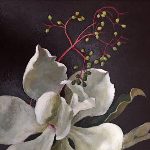 Painting of large white magnolia in a vase on a white tablecloth with red berries by Davette Leonard - Cottage Curator - Sperryville VA Art Gallery