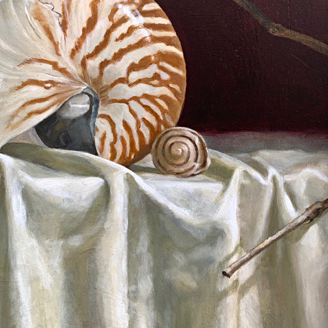 Detail of still life painting of a nautilus shell on white table cloth with red background and grapevine arching over the shell by Davette Leonard at Cottage Curator - Sperryville VA Art Gallery