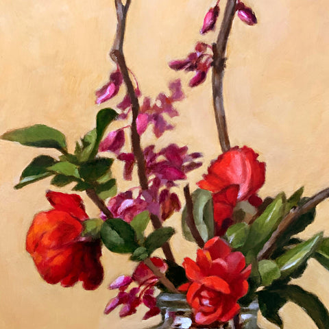 Detail of still life painting with red quince and redbud in vase with kumquats by Davette Leonard at Cottage Curator - Sperryville VA Art Gallery