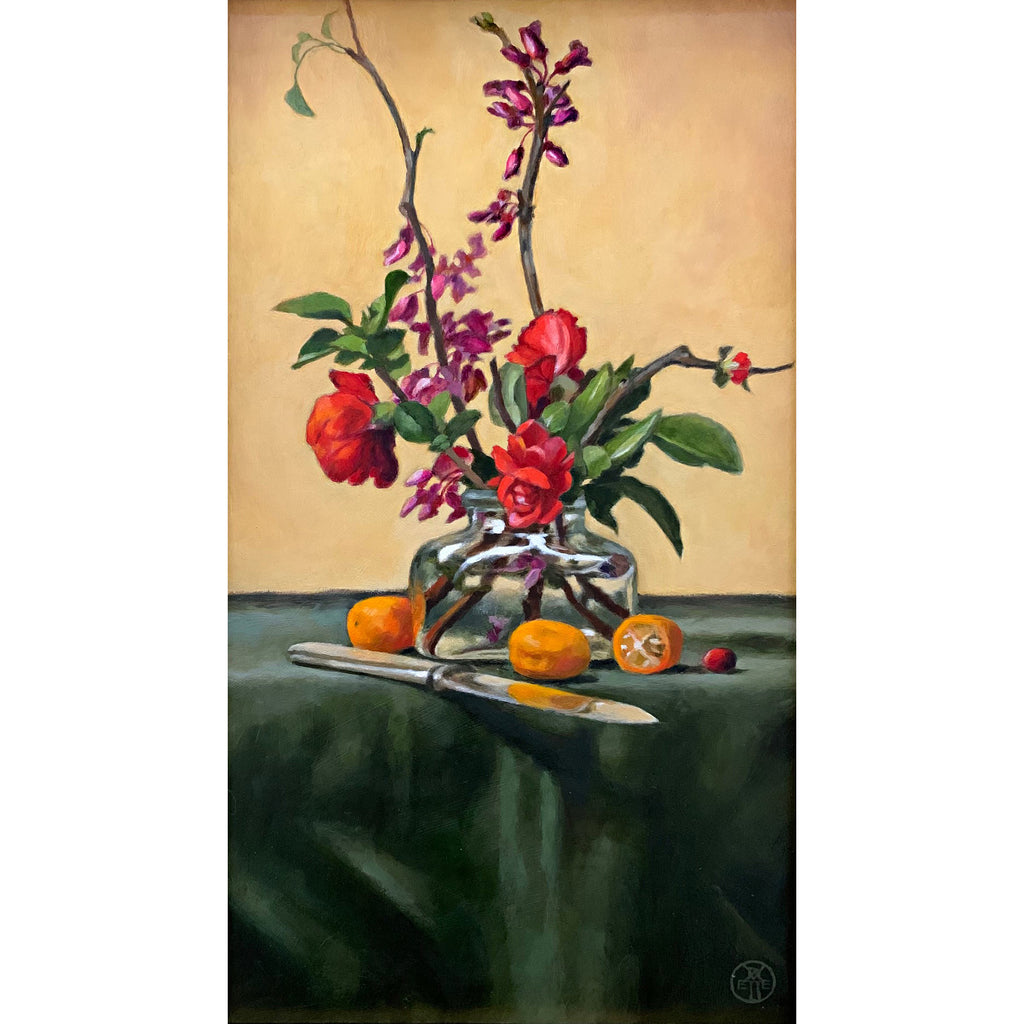 Still life painting with red quince and redbud in vase on green cloth tabletop with knife and kumquats by Davette Leonard at Cottage Curator - Sperryville VA Art Gallery