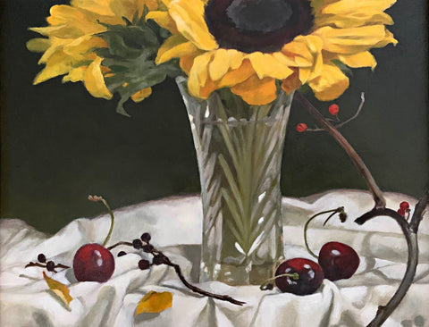 Detail of Still life painting with sunflowers in a vase on white tablecloth against a dark background with bittersweet vine and cherries by Davette Leonard at Cottage Curator - Sperryville VA Art Gallery