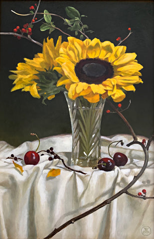 Still life painting with sunflowers in a vase on white tablecloth against a dark background with bittersweet vine and cherries by Davette Leonard at Cottage Curator - Sperryville VA Art Gallery