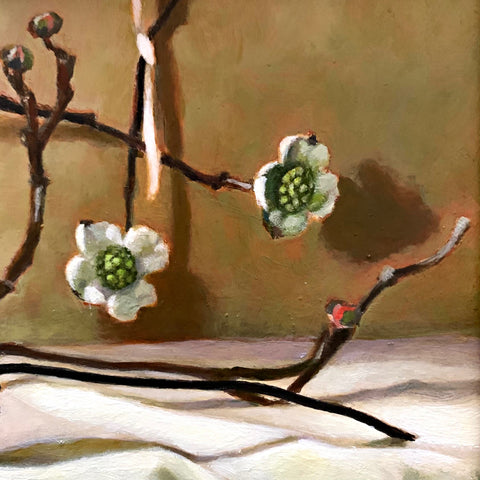 Detail of still life painting of sweetgum and dogwood on white cloth-covered tabletop by Davette Leonard at Cottage Curator - Sperryville VA Art Gallery