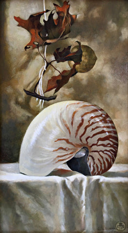 Painting of nautilus shell on white table cloth with dried leaves in background by Davette Leonard at Cottage Curator - Sperryville VA Art Gallery