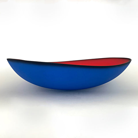 Blue earthenware bowl with red interior titled Illusion by Thomas Marrinson at Cottage Curator - Sperryville VA Art Gallery
