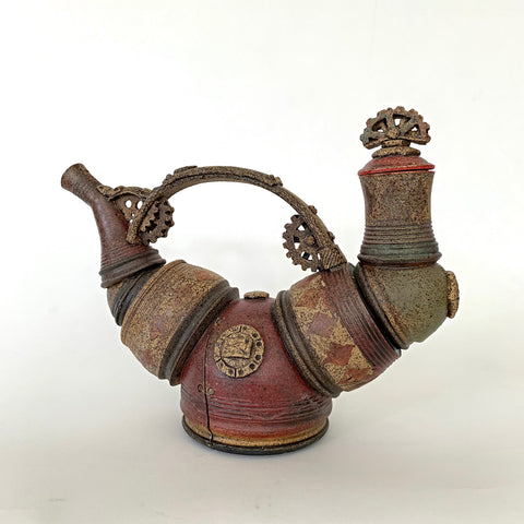 Clay teapot with steampunk style pieces and metal appearance in browns and reds by Steve Palmer at Cottage Curator - Sperryville VA Art Gallery