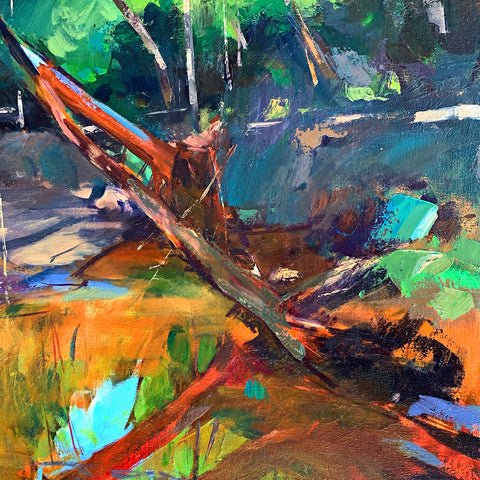 Detail of Abstract landscape painting in gestural strokes of oranges, greens, blues by Clive Pates at Cottage Curator - Sperryville VA Art Gallery
