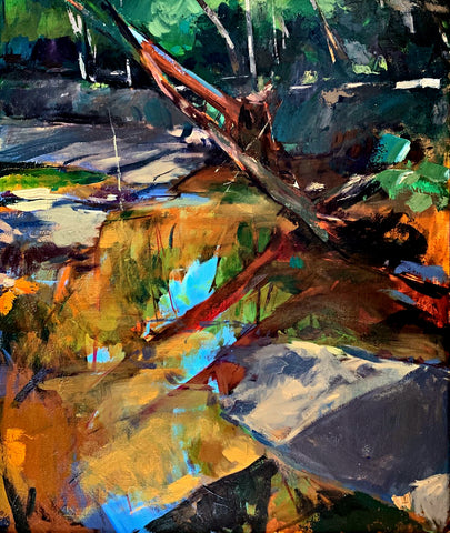 Abstract landscape painting in gestural strokes of oranges, greens, blues by Clive Pates at Cottage Curator - Sperryville VA Art Gallery