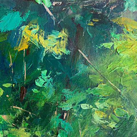Detail of landscape painting of trail with trees and grass in gestural style by Clive Pates at Cottage Curator - Sperryville VA Art Gallery