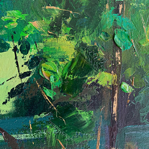 Detail of landscape painting of trail with trees and grass in gestural style by Clive Pates at Cottage Curator - Sperryville VA Art Gallery
