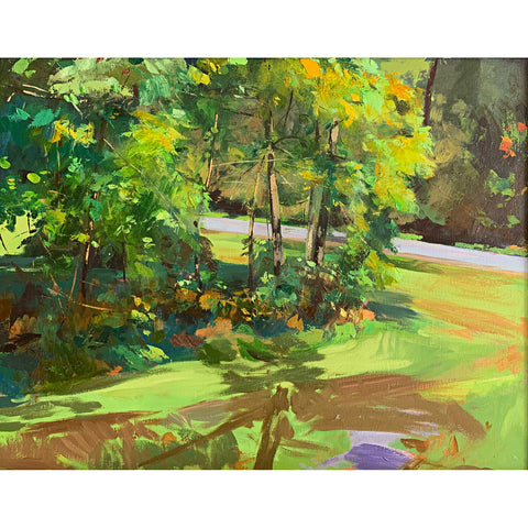 Landscape painting of trail with trees and grass in gestural style by Clive Pates at Cottage Curator - Sperryville VA Art Gallery