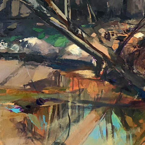 Detail of abstract landscape painting with gestural brushstrokes of trees on the edge of the water with reflection by Clive Pates at Cottage Curator - Sperryville VA Art Gallery