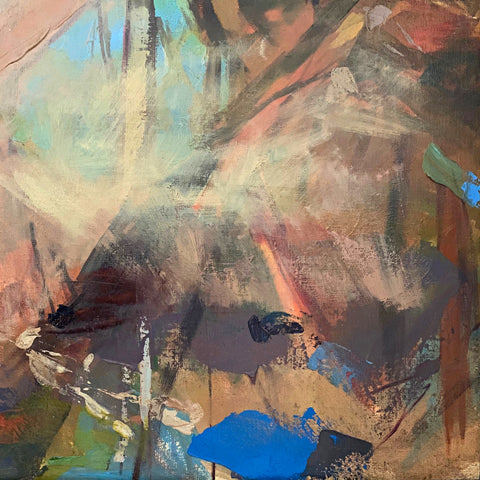 Detail of gestural brushstrokes in abstract landscape painting of trees on the edge of the water with reflection by Clive Pates at Cottage Curator - Sperryville VA Art Gallery