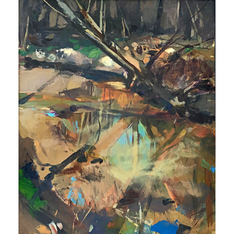 Abstract landscape painting in gestural brushstrokes of trees on the edge of the water with reflection by Clive Pates at Cottage Curator - Sperryville VA Art Gallery