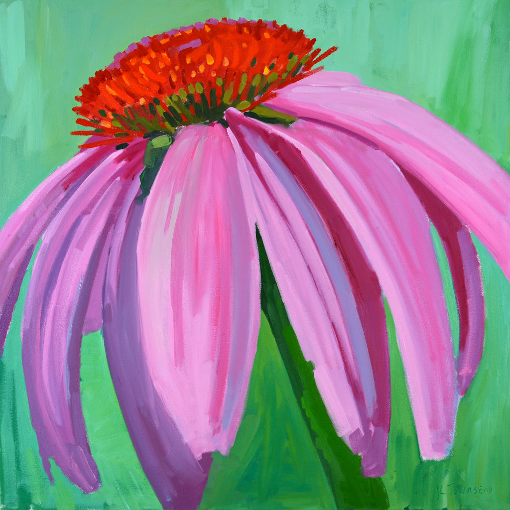 Painting of Echinacea (or Purple Coneflower) with pink/purple petals and orange center against a green background by Krista Townsend at Cottage Curator Art Gallery - Sperryville VA