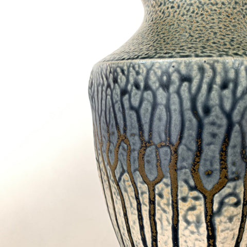 Detail of vessel with wood ash glaze in black, white, blue and ochre by Frank Stofan at Cottage Curator - Sperryville VA Art Gallery