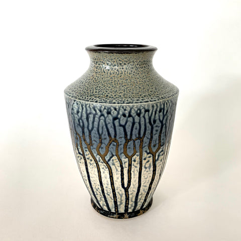 Vessel with wood ash glaze in black, white, blue and ochre by Frank Stofan at Cottage Curator - Sperryville VA Art Gallery