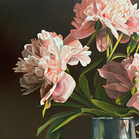 Detail of still life of pink peonies in a pewter mug against a reddish-brown background by Liisa Strandman-Long at Cottage Curator - Sperryville VA Art Gallery