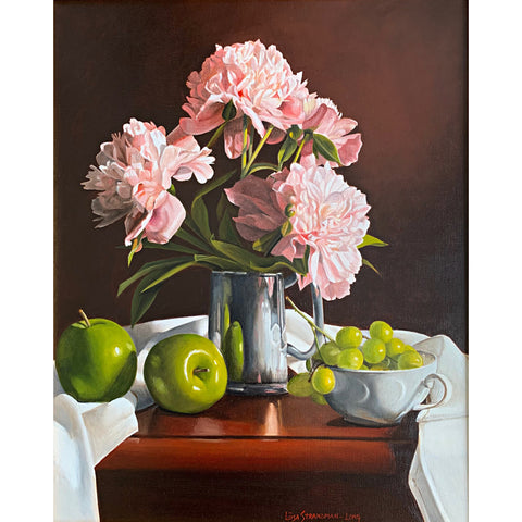 Still life of pink peonies in a pewter mug on a tabletop with white cloth, green apples and green grapes in a white teacup against a reddish-brown background by Liisa Strandman-Long at Cottage Curator - Sperryville VA Art Gallery