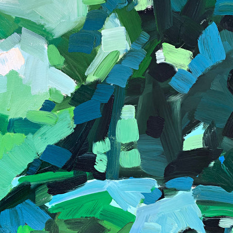 Detail of abstract painting in gestural brushstrokes of blues and greens by Krista Townsend - Cottage Curator - Sperryville VA Art Gallery
